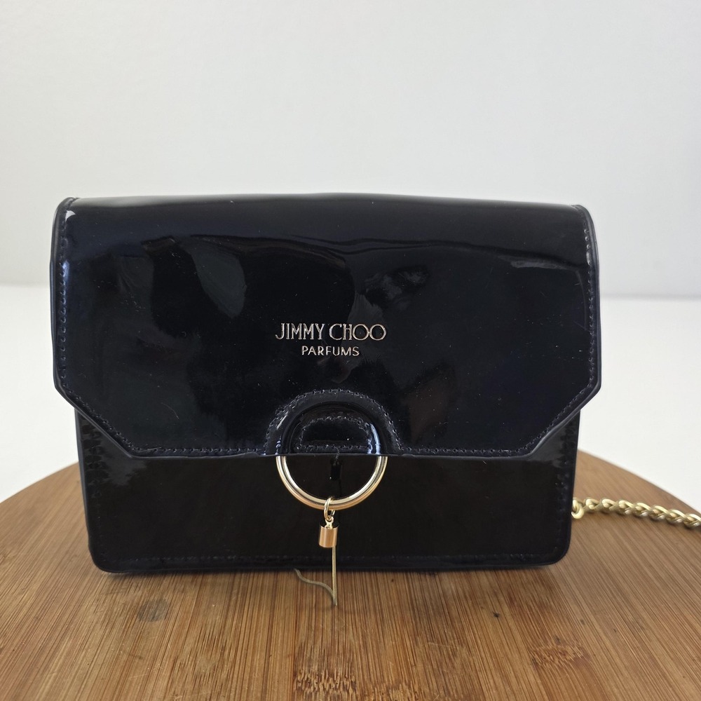 Jimmy Choo Parfums Crossbody Bag Womens Mini Black Patent Faux Leather Chain